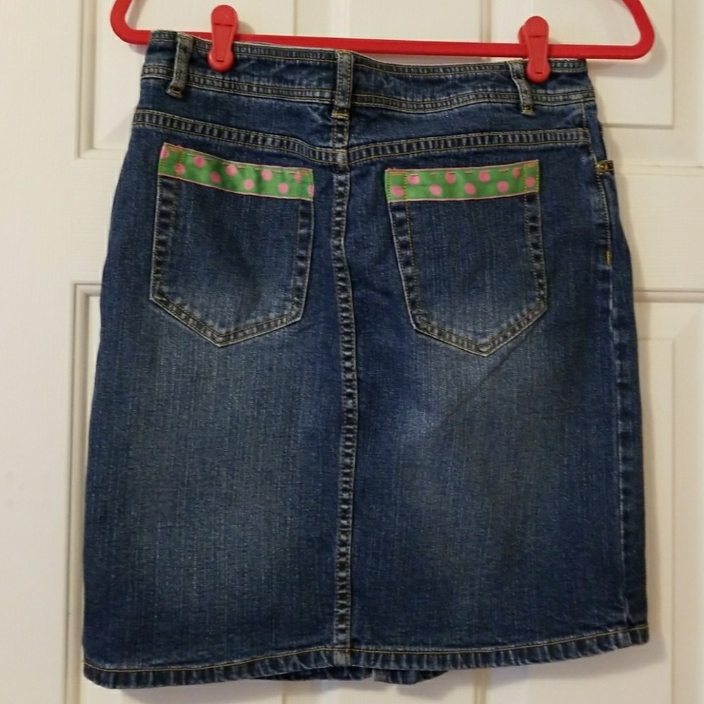 Lilly Pulitzer jean skirt with polka dot pockets